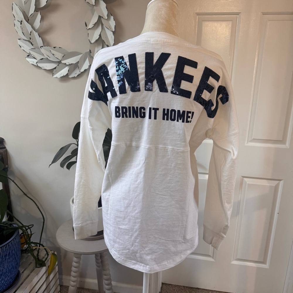 Yankees Sequin Logo Long Sleeve T-shirt by PINK - Small